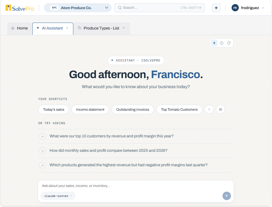 iSolvePro AI Assistant asking about sales, income, and inventory