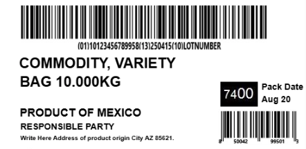 Sample PTI case label with GS1 barcode, commodity, pack weight, origin, and pack date