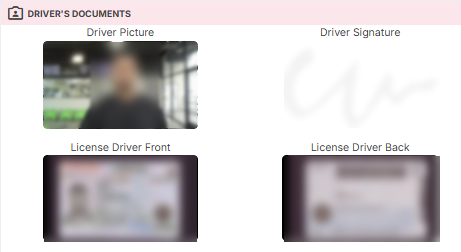 Driver documents captured at check-in: driver picture, signature, and both sides of the license (blurred for privacy)