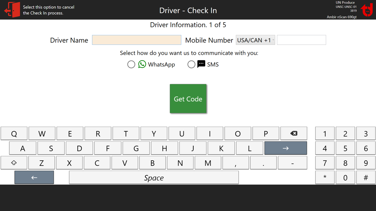 Driver check-in screen: enter name and mobile number, choose WhatsApp or SMS, then get a confirmation code